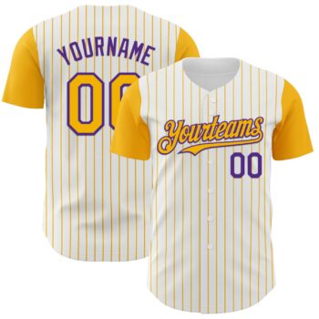 Custom White Gold Pinstripe Purple Authentic Two Tone Baseball Jersey