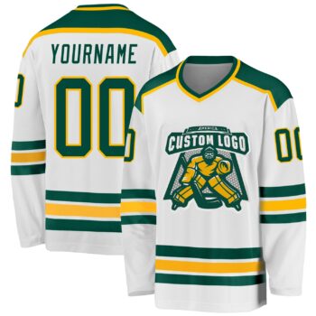 Custom White Green Gold Hockey Jersey