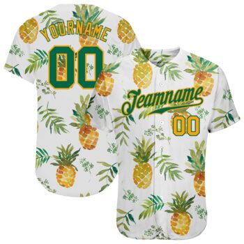 Custom White Kelly Green Gold 3d Pattern Design Hawaii Pineapples Authentic Baseball Jersey