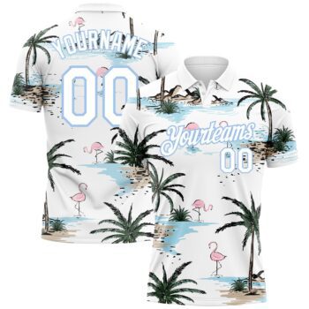 Custom White Light Blue 3d Pattern Design Hawaii Palm Trees Performance Golf Polo Shirt