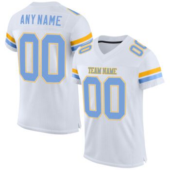 Custom White Light Blue Gold Mesh Authentic Football Jersey