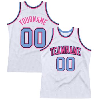 Custom White Light Blue Pink Authentic Throwback Basketball Jersey