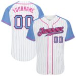 Custom White Light Blue Pinstripe Light Blue Pink Authentic Raglan Sleeves Baseball Jersey
