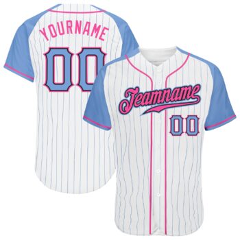 Custom White Light Blue Pinstripe Light Blue Pink Authentic Raglan Sleeves Baseball Jersey