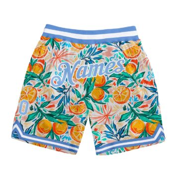 Custom White Light Blue White 3d Pattern Design Oranges Authentic Basketball Shorts