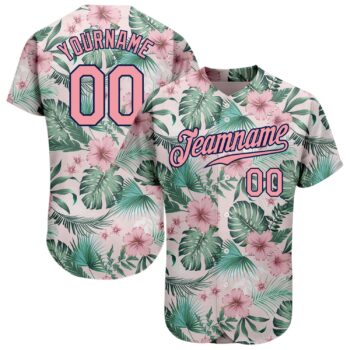 Custom White Medium Pink Navy 3d Pattern Design Hawaii Palm Leaves And Flowers Authentic Baseball Jersey