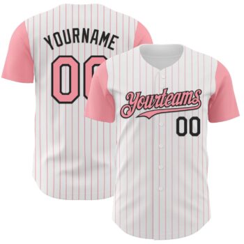 Custom White Medium Pink Pinstripe Black Authentic Two Tone Baseball Jersey