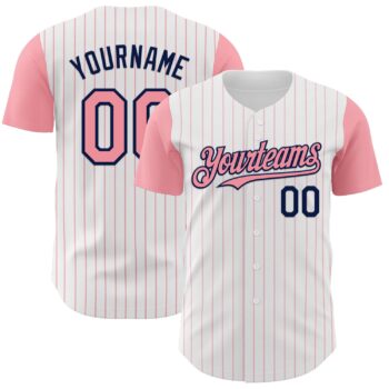 Custom White Medium Pink Pinstripe Navy Authentic Two Tone Baseball Jersey