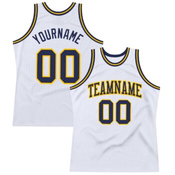 Custom White Navy Gold Authentic Throwback Basketball Jersey