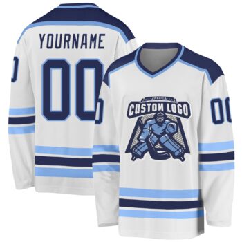 Custom White Navy Light Blue Hockey Jersey