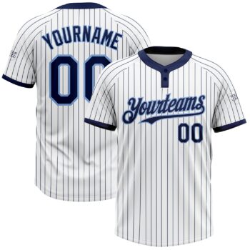 Custom White Navy Pinstripe Light Blue Two Button Unisex Softball Jersey