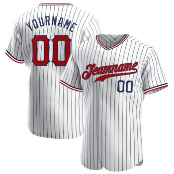 Custom White Navy Pinstripe Red Navy Authentic Baseball Jersey