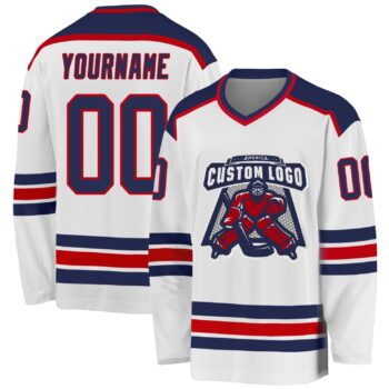 Custom White Navy Red Hockey Jersey