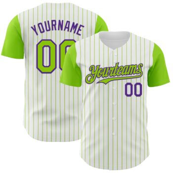 Custom White Neon Green Pinstripe Purple Authentic Two Tone Baseball Jersey