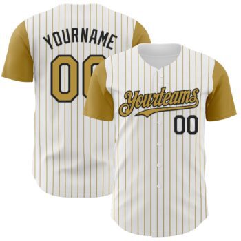 Custom White Old Gold Pinstripe Black Authentic Two Tone Baseball Jersey