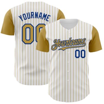 Custom White Old Gold Pinstripe Royal Authentic Two Tone Baseball Jersey
