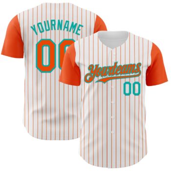 Custom White Orange Pinstripe Aqua Authentic Two Tone Baseball Jersey