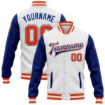 Custom White Orange Royal Bomber Full Snap Varsity Letterman Two Tone Jacket