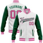 Custom White Pink Kelly Green Bomber Full Snap Varsity Letterman Two Tone Jacket