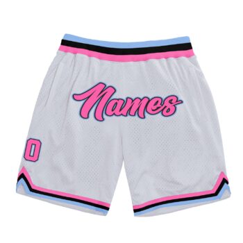 Custom White Pink Light Blue Authentic Throwback Basketball Shorts