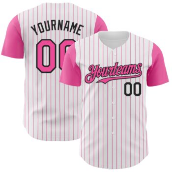 Custom White Pink Pinstripe Black Authentic Two Tone Baseball Jersey