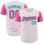 Custom White Pink Pinstripe Teal Authentic Two Tone Baseball Jersey