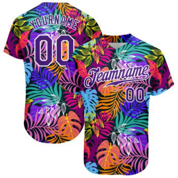 Custom White Purple White 3d Pattern Design Hawaii Palm Trees Authentic Baseball Jersey