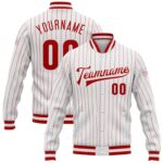 Custom White Red Pinstripe Red White Bomber Full Snap Varsity Letterman Jacket