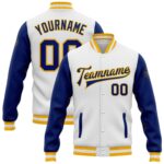 Custom White Royal Gold Bomber Full Snap Varsity Letterman Two Tone Jacket