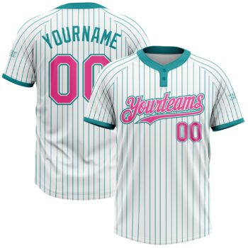 Custom White Teal Pinstripe Pink Two Button Unisex Softball Jersey