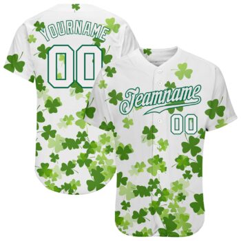 Custom White White Kelly Green 3d Pattern Design Authentic St Patrick S Day Baseball Jersey